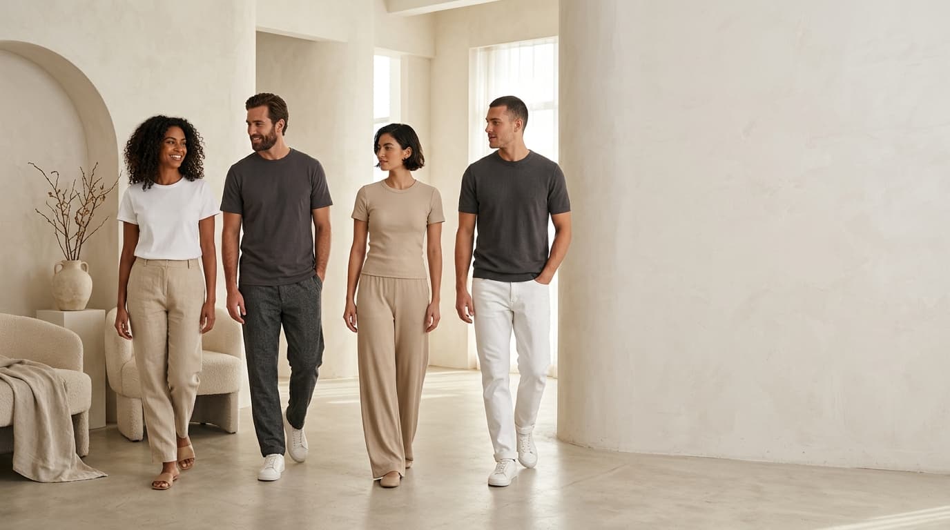 Modelos exhibiendo remeras y básicos de algodón en tonos neutros