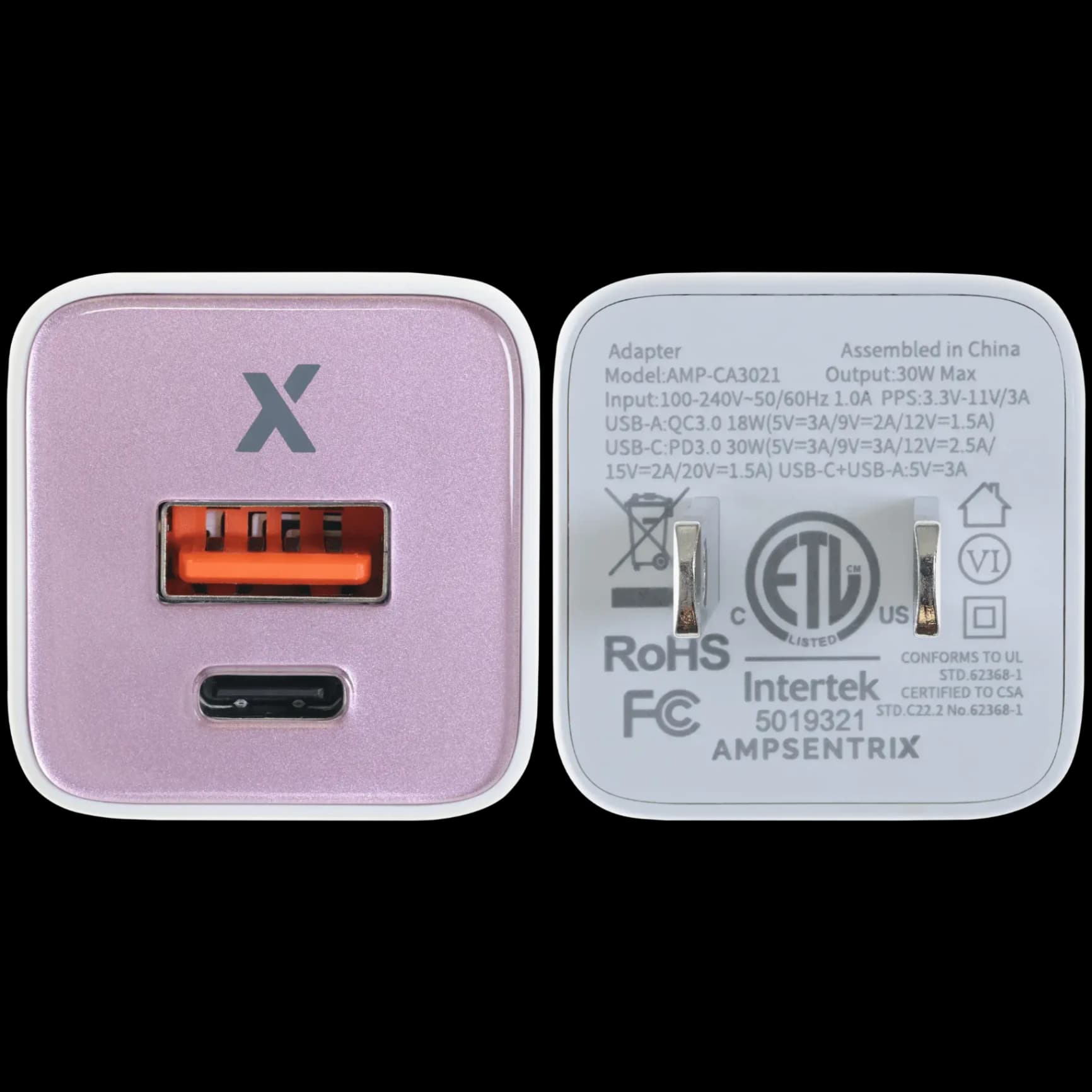 AmpSentrix Pro 30W 2-in-1 USB-C / USB-A GaN Wall Adapter (Pink)